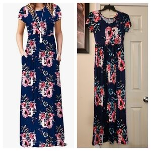 Dearcase Short Sleeve Pocketed Floral Maxi Dress